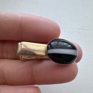 VTG Emmons Tie Clip Bar Tiger Eye Black Onyx Style Gold Tone